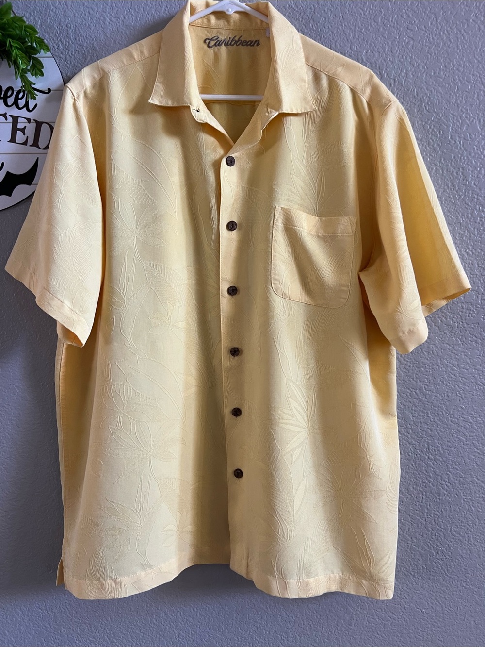 Caribbean Men's Short-Sleeve Button-Down Shirt in Pale Yellow Jacquard Size XL